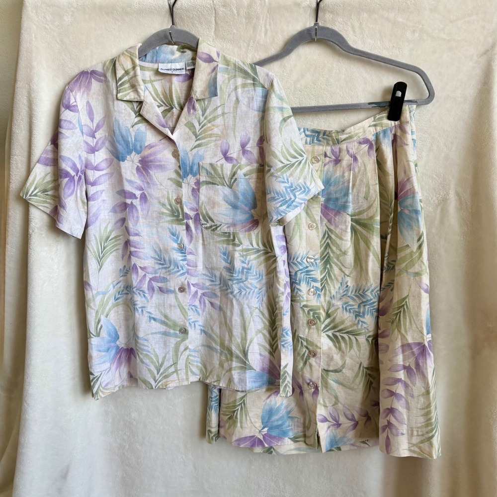 Alfred Dunner Floral Linen Two Piece Skirt Set Tropical Coastal Sz 8